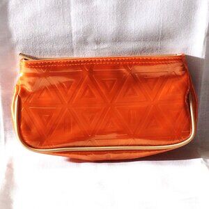 CLINIQUE COSMETIC BAG - 8"x4"x1.5" - NEW - ORANGE W/ DARK TAN TRIM